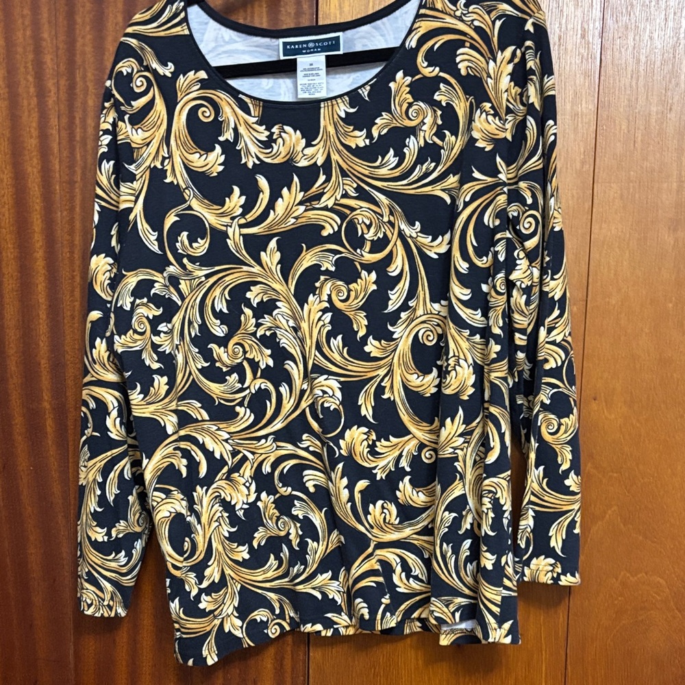 Karen Scott Black and Gold Swirl Print Long Sleeve Top